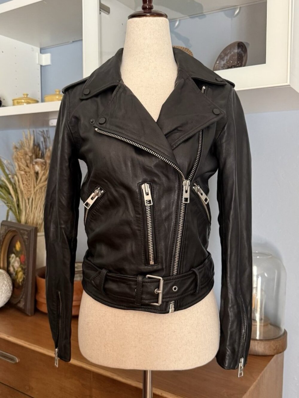 AllSaints Balfern Black Leather Biker Jacket Womens US 2 UK 6 Moto Zip